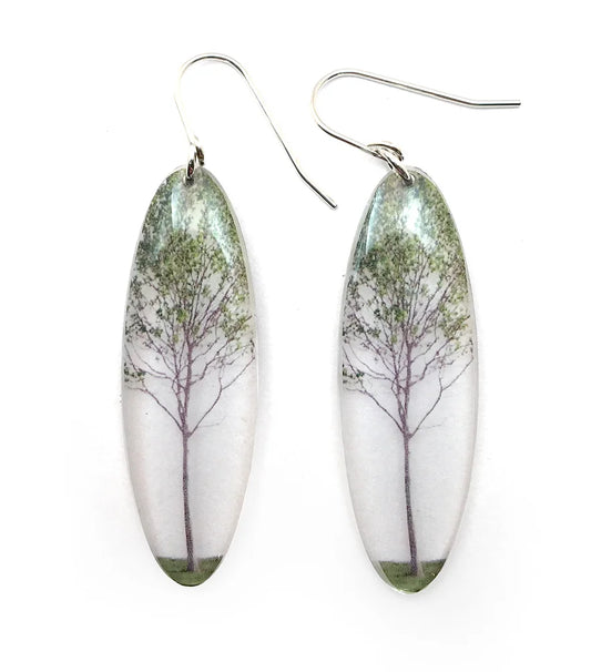 Tall Oval Green Tree Earrings