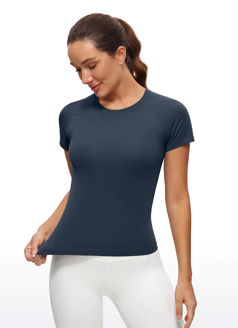 Seamless High Neck Short Sleeves Waist Length - Blár- Crz yoga