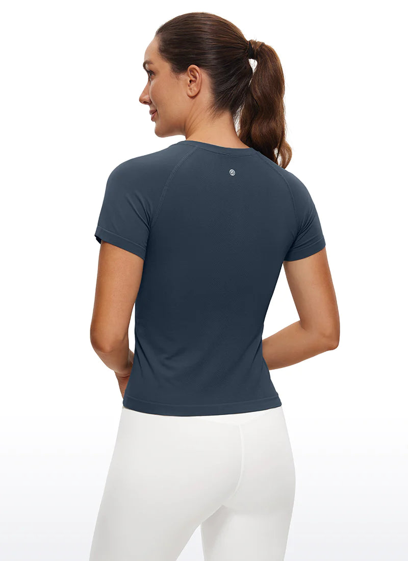 Seamless High Neck Short Sleeves Waist Length - Blár- Crz yoga