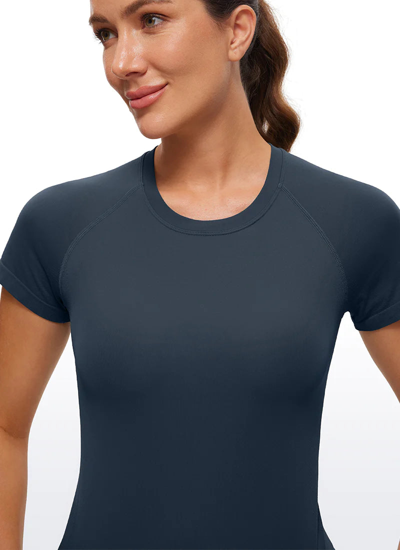 Seamless High Neck Short Sleeves Waist Length - Blár- Crz yoga
