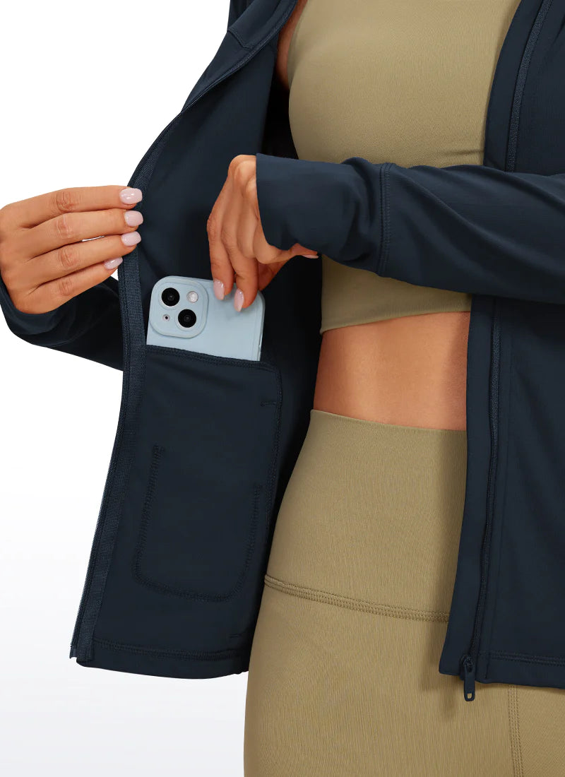 Butterluxe Full Zip Pocketed Hoodies Thumb Holes - Dökkblá - frá Crz Yoga