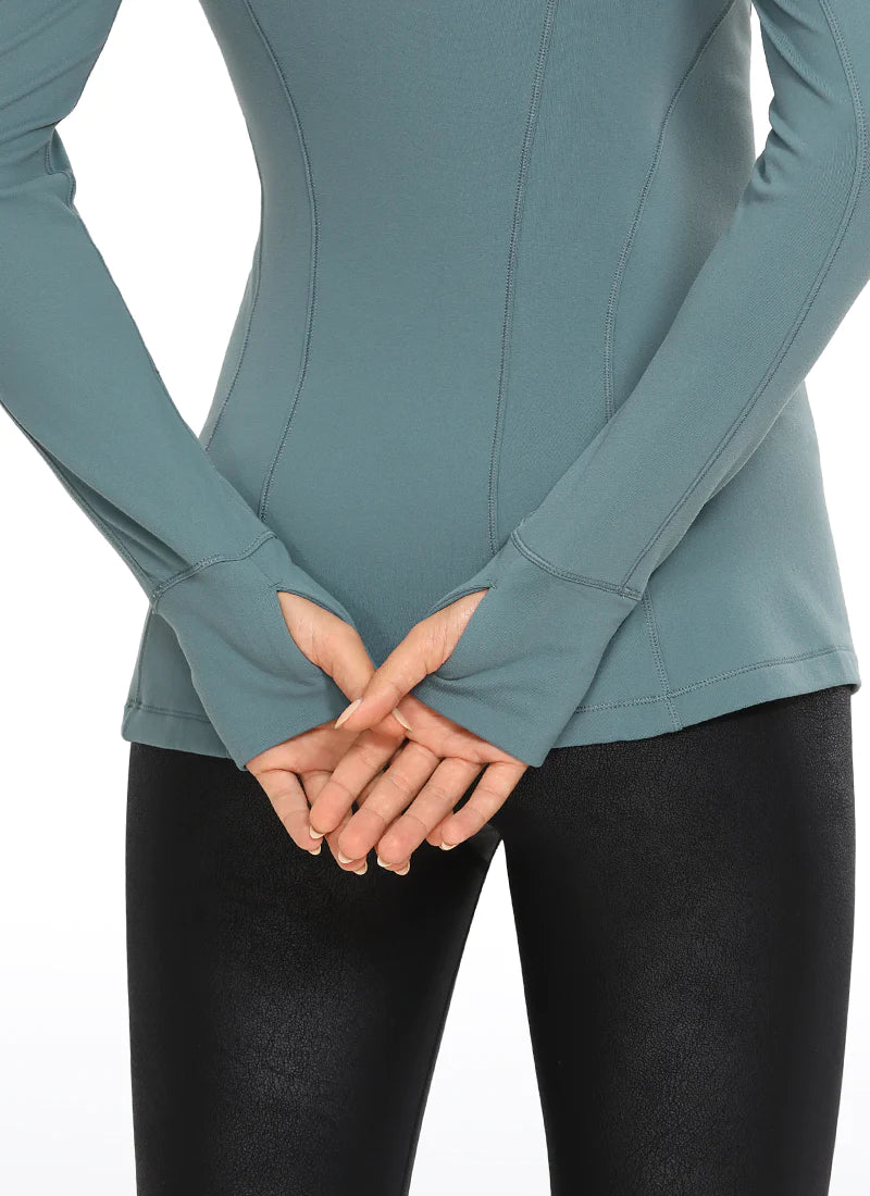 Brushed Quarter-Zip Long Sleeve with Thumb Holes - Turkish blár - Crz yoga